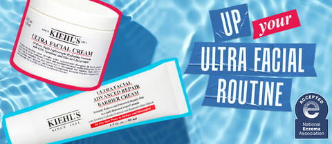 pool water background with ultra facial cream and ultra facial barrier cream floating in water. Up your ulta routine